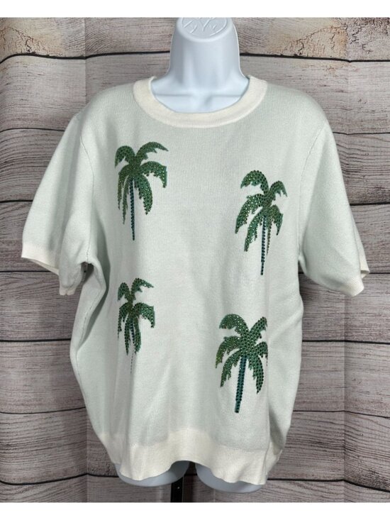 Cato Tops - Cato Palm Tree Sweater XL Top Embellished Tropical Beige Short Sleeve NWT